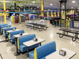 interior, Urban Air, seating with play gym in background