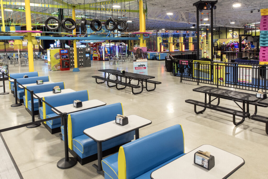 interior, Urban Air, seating with play gym in background