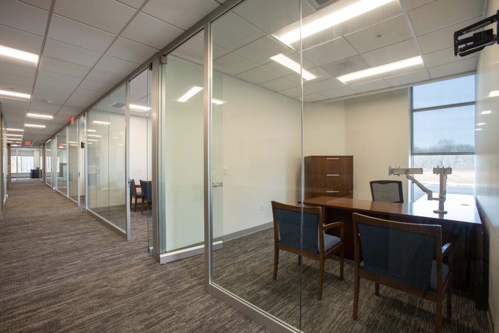 looking down hallway at several glass-walled offices in Westgate Office Park, York, PA